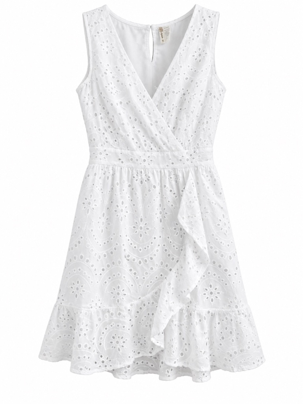 Japna White Eyelet Faux Wrap Mini Dress Ruffle Hem Vacation Boho Coastal | Small